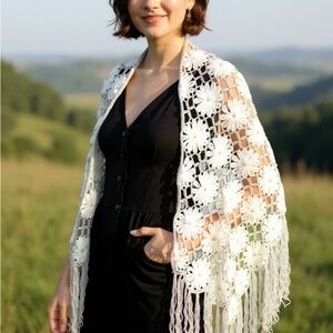 Handmade White Crochet Floral Fringe Shawl